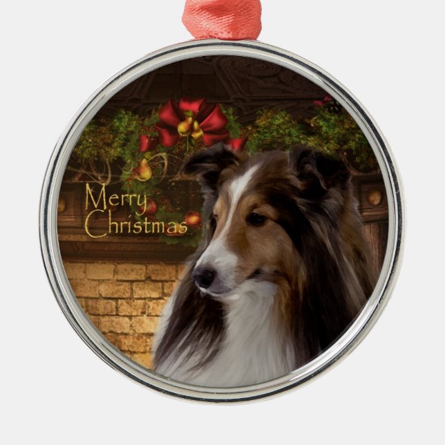 Rond Argenté Ornement de Sheltie de vacances (Devant)