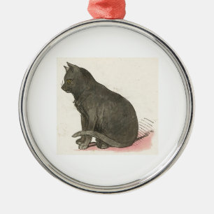 Rond Argenté Ornement gris mignon de Noël de chat