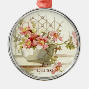 Rond Argenté Vase aux roses roses vintages aquarelle ornement