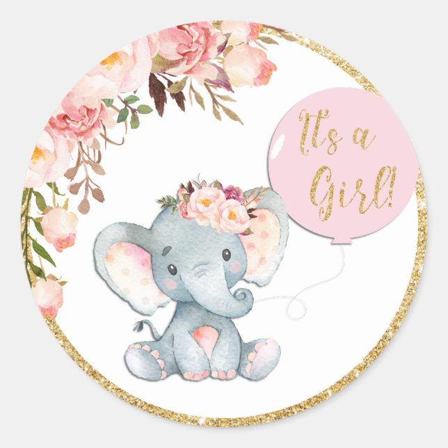 Rond Baby shower Eléphant rose Favoriser Sticker Étique (Devant)