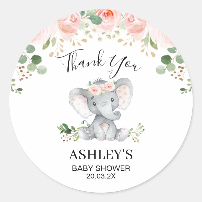 Rond Baby shower rose Floral Elephant Favoriser Sticker (Devant)