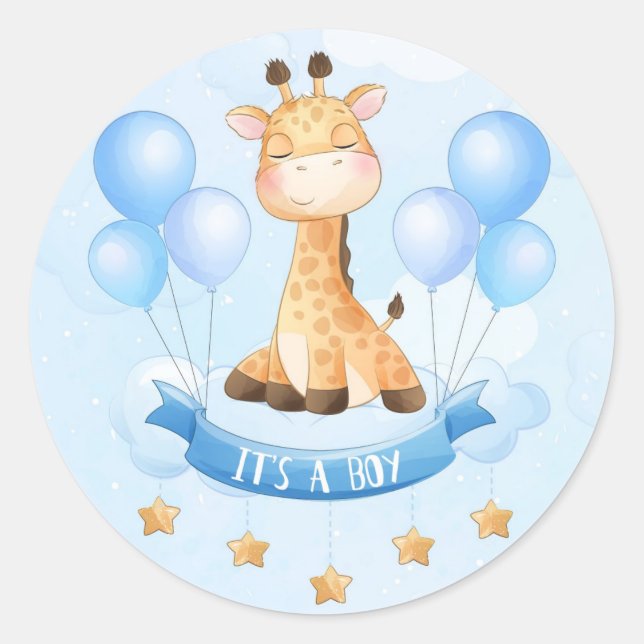 ROND BABY SHOWER STICKER : C'EST UN GARÇON : GIRAFFE (Devant)