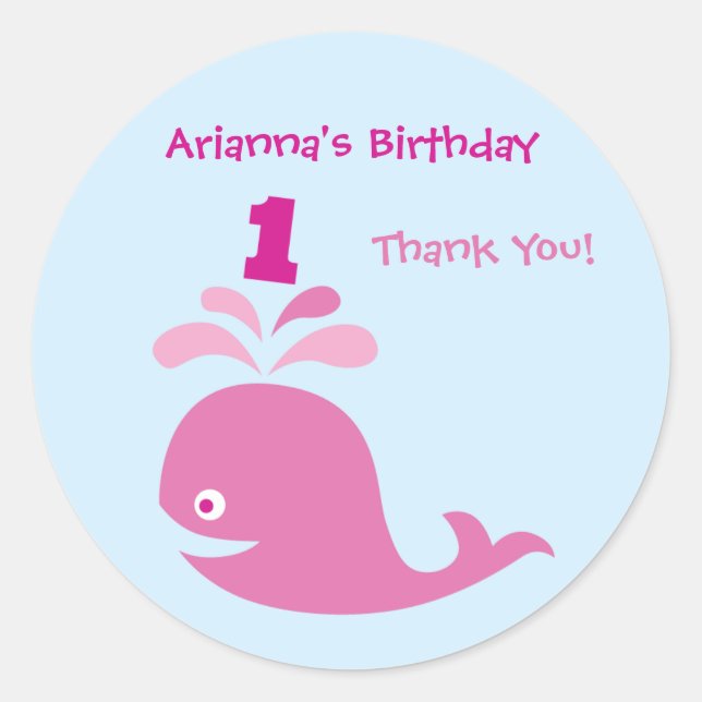 Rond Baleine rose 1er anniversaire Favoriser Sticker (Devant)