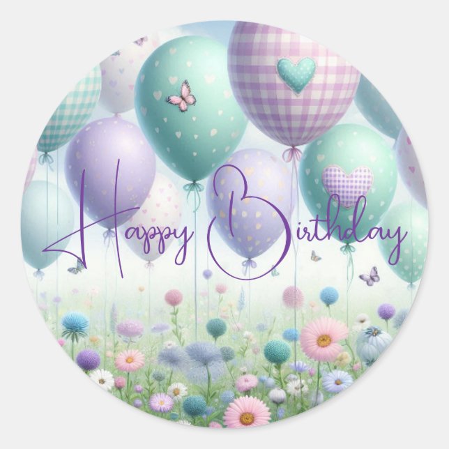 Rond Ballons Whimsical Joyeux Sticker d'anniversaire (Devant)