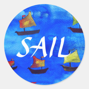 Rond Bateaux aquarelle Bleu Sticker rond, brillant