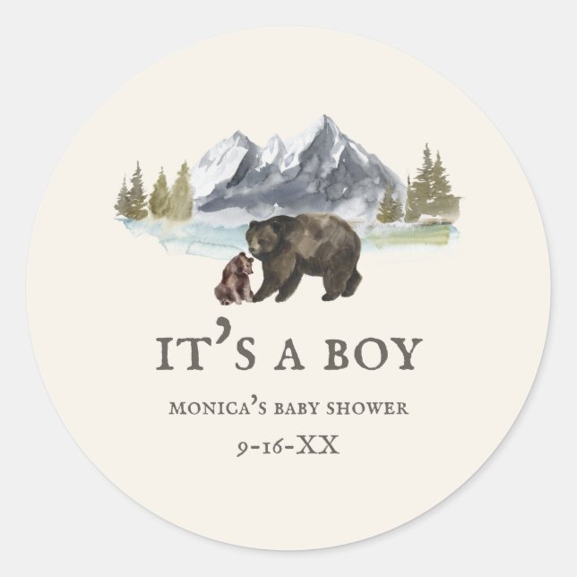 Rond Bears Mountains Baby shower Classic Round Sticker (Devant)