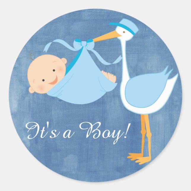 Rond Beau Sticker de Baby shower de cigogne bleue (Devant)
