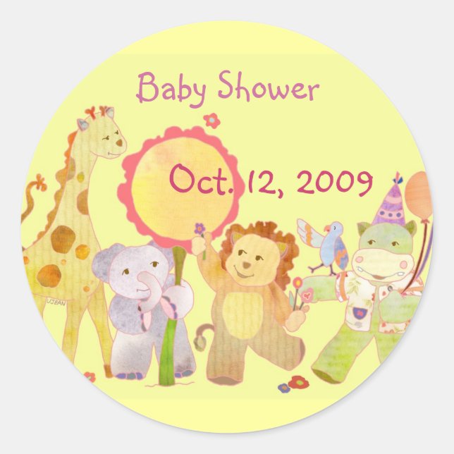 Rond Bébé Animaux Baby shower Jaune Sticker d'invitatio (Devant)