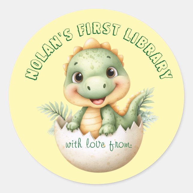 Rond Bébé Dinosaure "Première bibliothèque" Sticker pou (Devant)