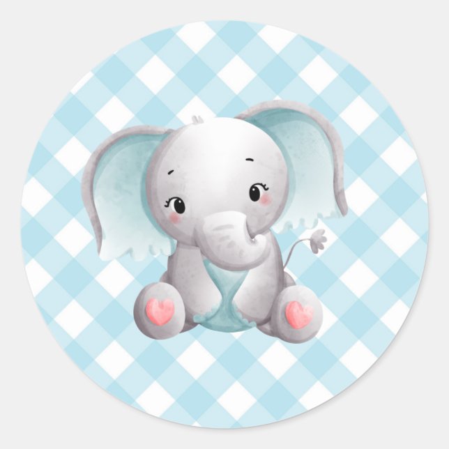 Rond Bébé Eléphant Bébé Sticker Garçon bleu Plaid En vi (Devant)
