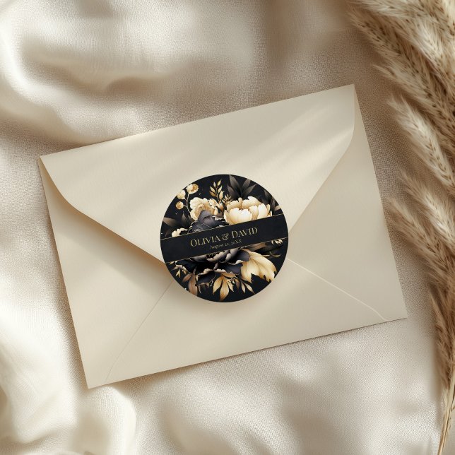 Rond Black & Gold Peony Wedding Round Sticker (Black & Gold Peony Wedding Round Sticker on an elegant wedding envelope)