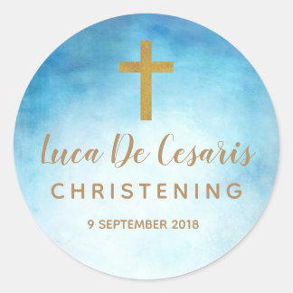 Rond Bleu Aquarelle Gold Cross Christening sticker