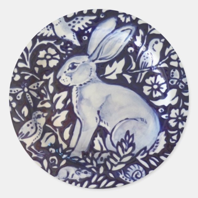 Rond Bleu blanc lapin Oiseau Floral Sticker Dedham Navy (Devant)