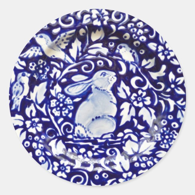 Rond Bleu blanc lapin Oiseau Floral Sticker Dedham Navy (Devant)