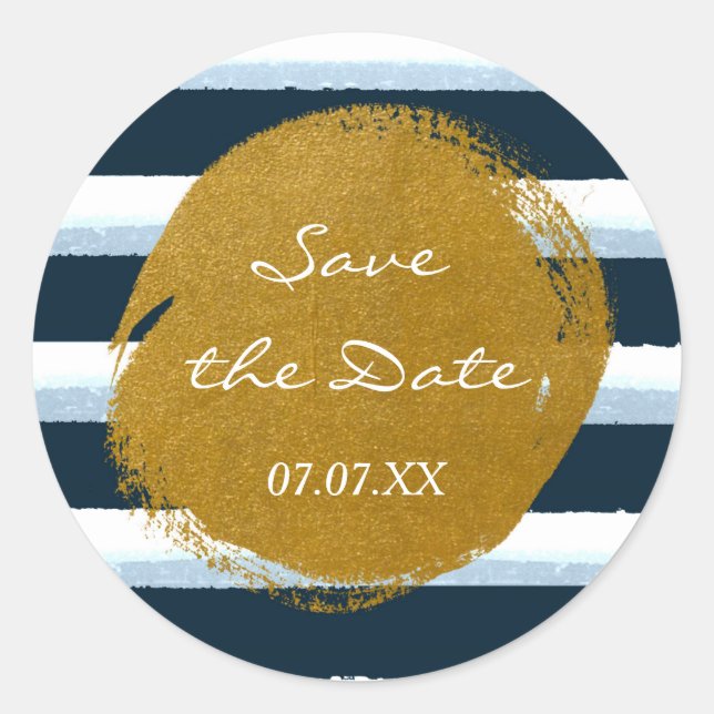 Rond Bleu Blanc Stripes & Gold Foil Sticker Aquarelle (Devant)