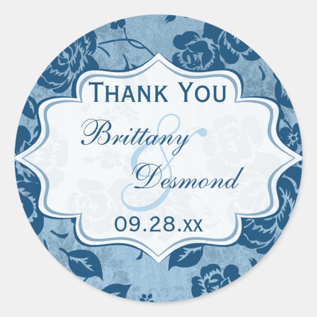 Rond Bleu Duché, Blanc Floral Mariage Favoriser Sticker (Devant)