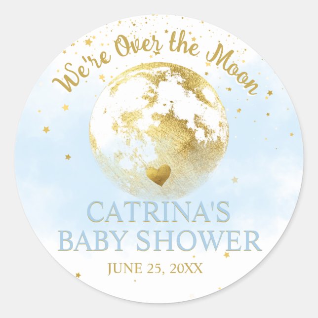 Rond Bleu et or sur la lune Sticker Baby shower (Devant)