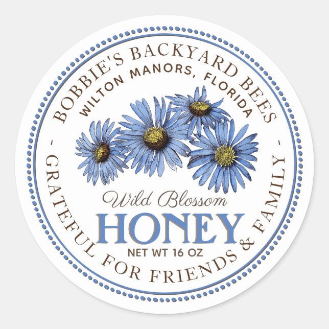 Rond Bleu Fleur sauvage Sticker Miel Blanc (Devant)