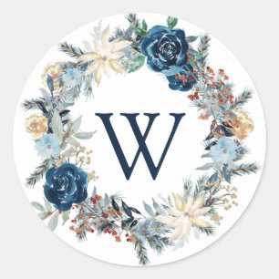 Rond Bleu ondulé monogramme Wreath Holiday Sticker