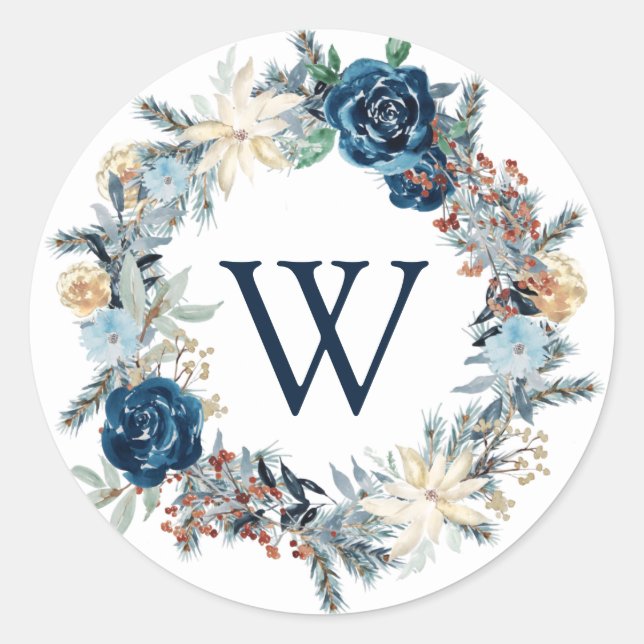 Rond Bleu ondulé monogramme Wreath Holiday Sticker (Devant)
