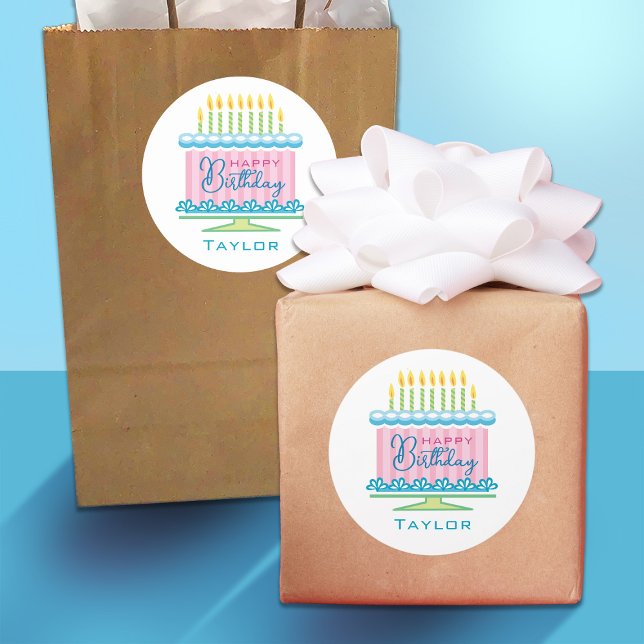 Rond Bleu rose Nom Sticker de gâteau d'anniversaire (Créateur téléchargé)