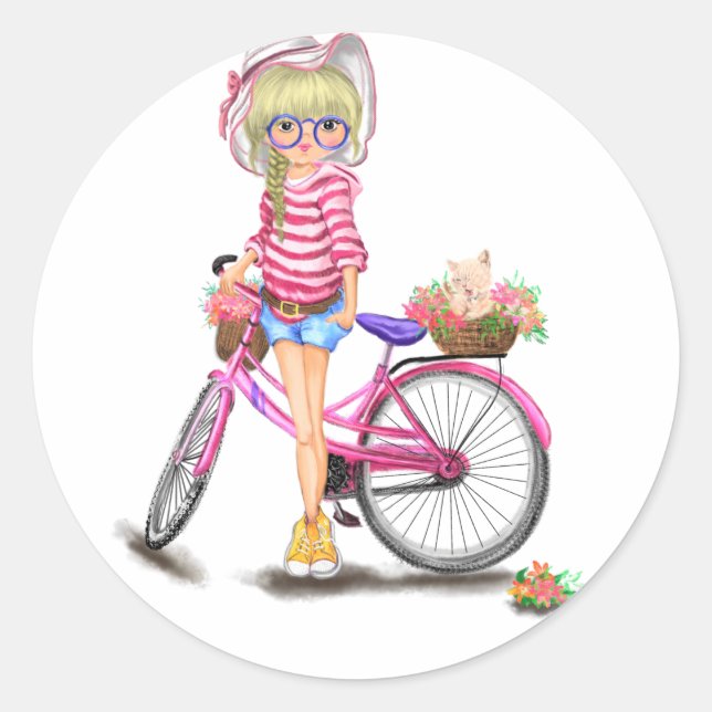 Rond Blonde Girl with Pink Bike Sticker (Devant)