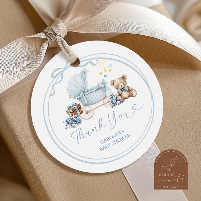 Rond Blue Bow Carriage Baby Shower Thank You Sticker (Créateur téléchargé)