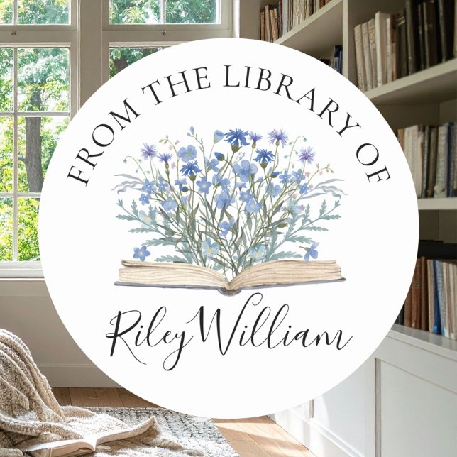 Rond Blue Flowers Grow From Book Bookplate Sticker (In situ)