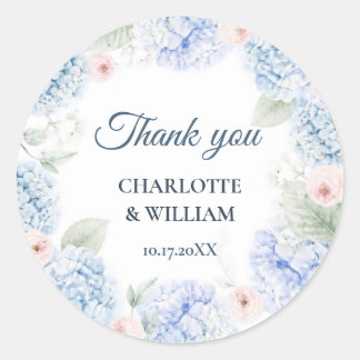 Rond Blue Hydrangea Watercolor Floral Thank You Sticker