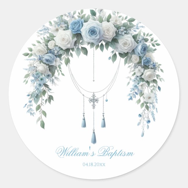 Rond Blue Rose & Silver Cross Baptism Favor Sticker (Devant)