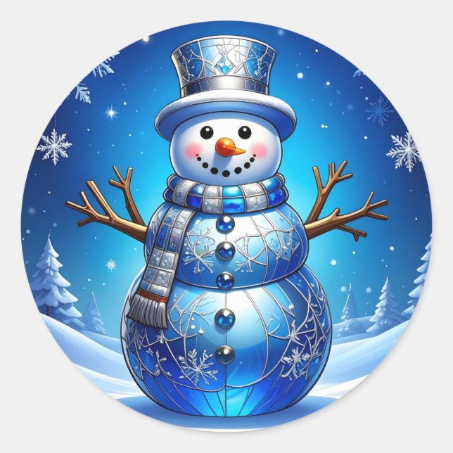 Rond Blue Snowman Snowflakes Holiday Sticker (Devant)