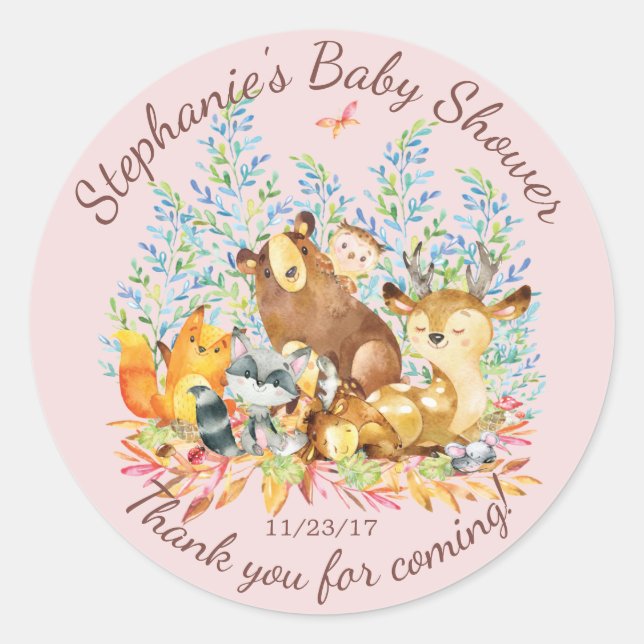 Rond Bois Animaux Filles Baby shower Favoriser Sticker (Devant)