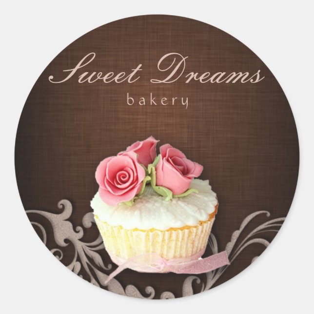 Rond Boulangerie Cupcake Sticker Linge Brown Roses rose (Devant)