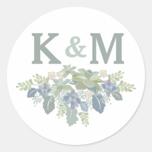 Rond Bouquet Succulent Mariage Floral Initiales Sticker