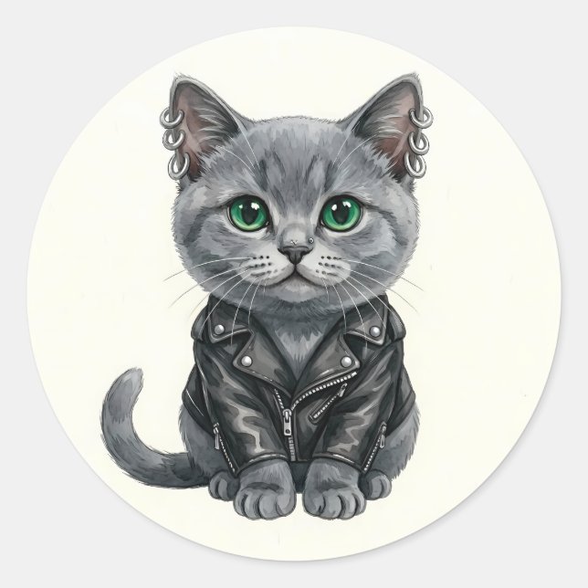 Rond British Blue Punk Cat in Leather Jacket Sticker (Devant)