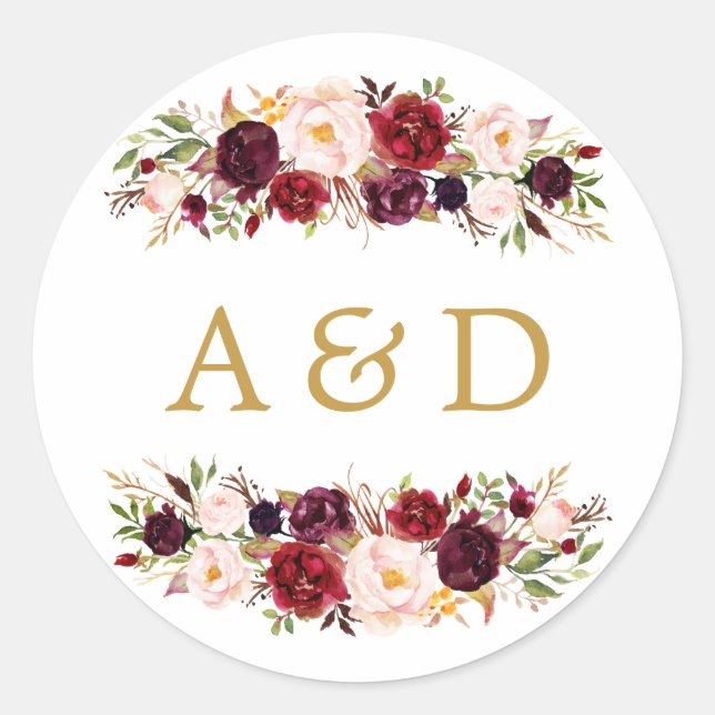 Rond Burgundy Marsala Floral Wedding Favor Sticker (Devant)