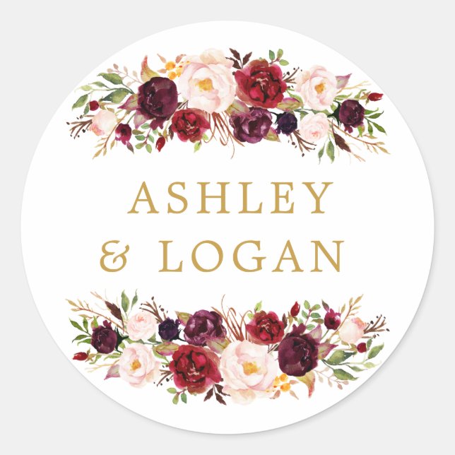 Rond Burgundy Marsala Floral Wedding Favor Sticker (Devant)