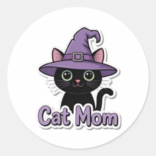 Rond Cat Mom Black Cat Witch Hat Cute Sticker Cat Lover (Devant)