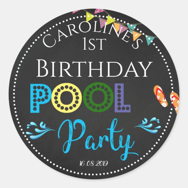 Rond Chalkboard Pool Party 1er Anniversaire Sticker (Devant)