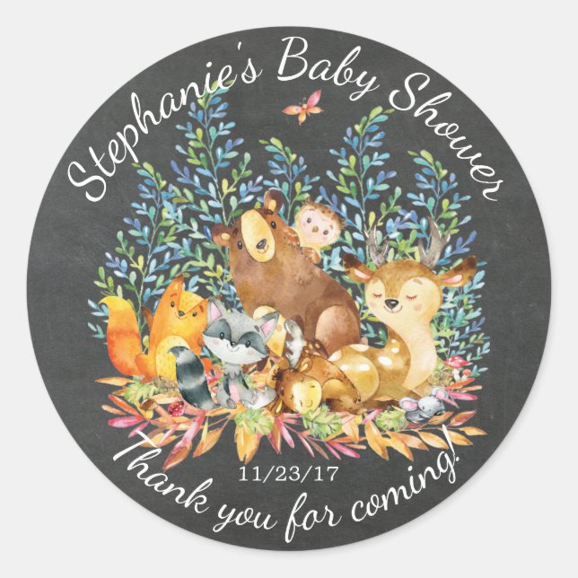Rond Chalkboard Woodland Baby shower Favoriser Sticker (Devant)