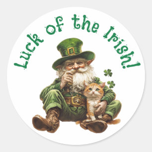 Rond Chance de l'Irish Round Sticker Cat & Leprechaun