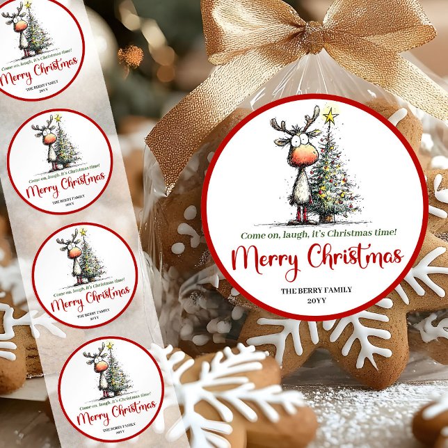 Rond Charming reindeer funny whimsical Xmas sticker (Charming reindeer funny whimsical Xmas sticker)