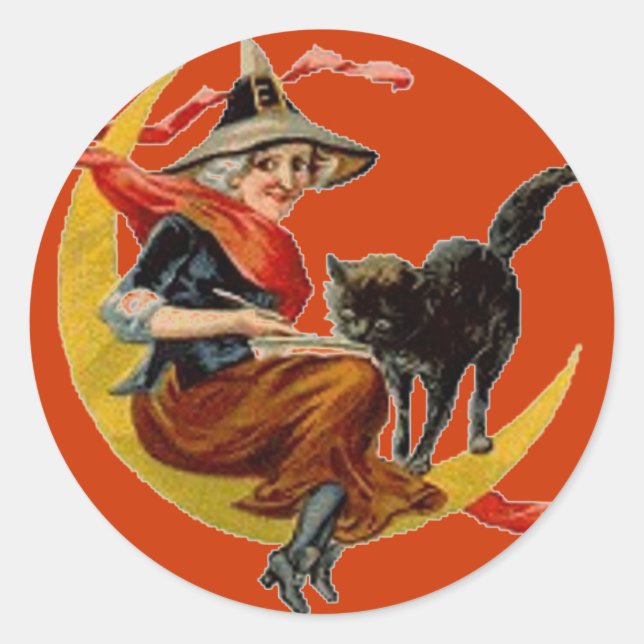 Rond Chat en sorcière et noir sur la Lune - Sticker Hal (Devant)