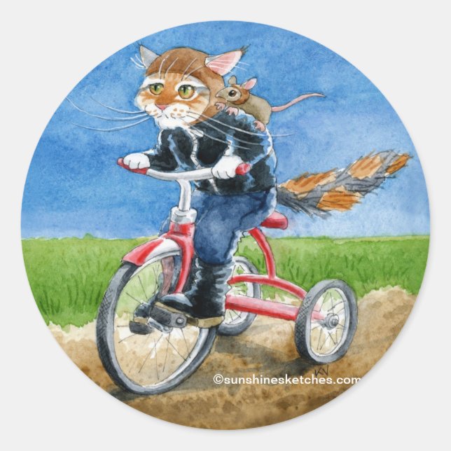 Rond Chat mignon sur tricycle caricature sticker (Devant)