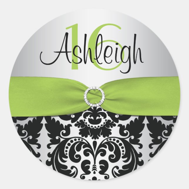 Rond Chaux, argent et noir Damask Sweet 16 Sticker (Devant)