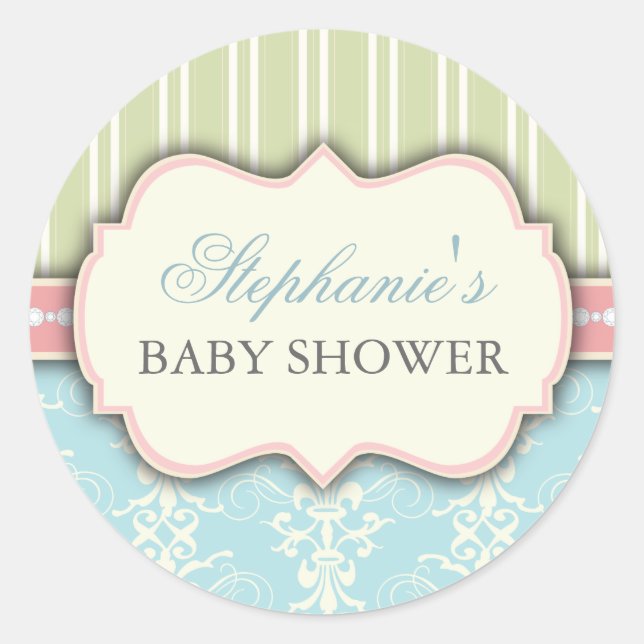 Rond Chic Damask & Stripe Baby shower Favoriser Sticker (Devant)
