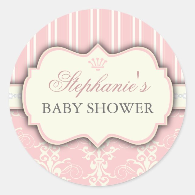 Rond Chic Damask & Stripe Baby shower Favoriser Sticker (Devant)