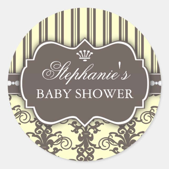 Rond Chic Damask & Stripe Baby shower Favoriser Sticker (Devant)