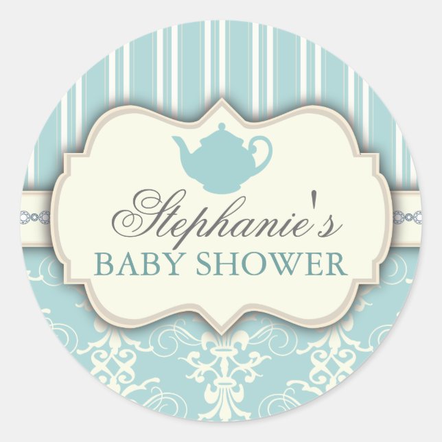 Rond Chic Damask & Stripe Baby shower Favoriser Sticker (Devant)