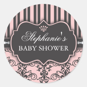 Rond Chic Damask & Stripe Baby shower Favoriser Sticker